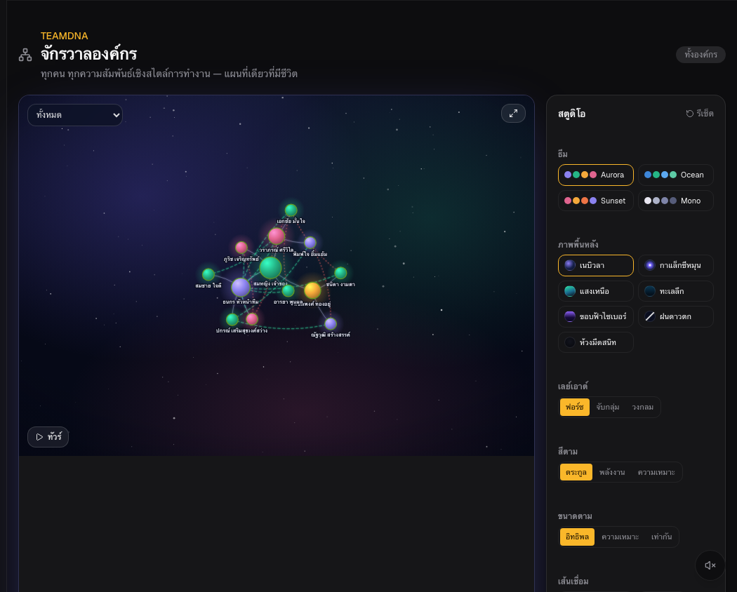 The organisational universe — a DNA map of the whole company, every person a star, linked by how their working styles relate