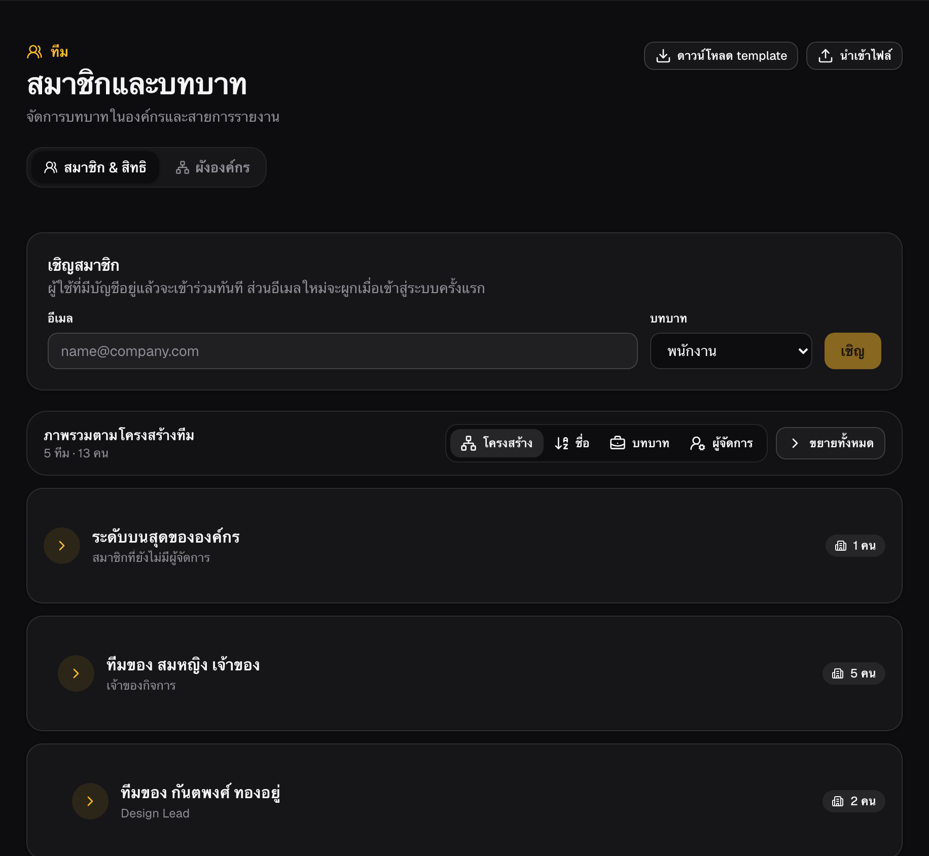 The members and roles page — invite people into the workspace and see the whole organisation's team structure at a glance