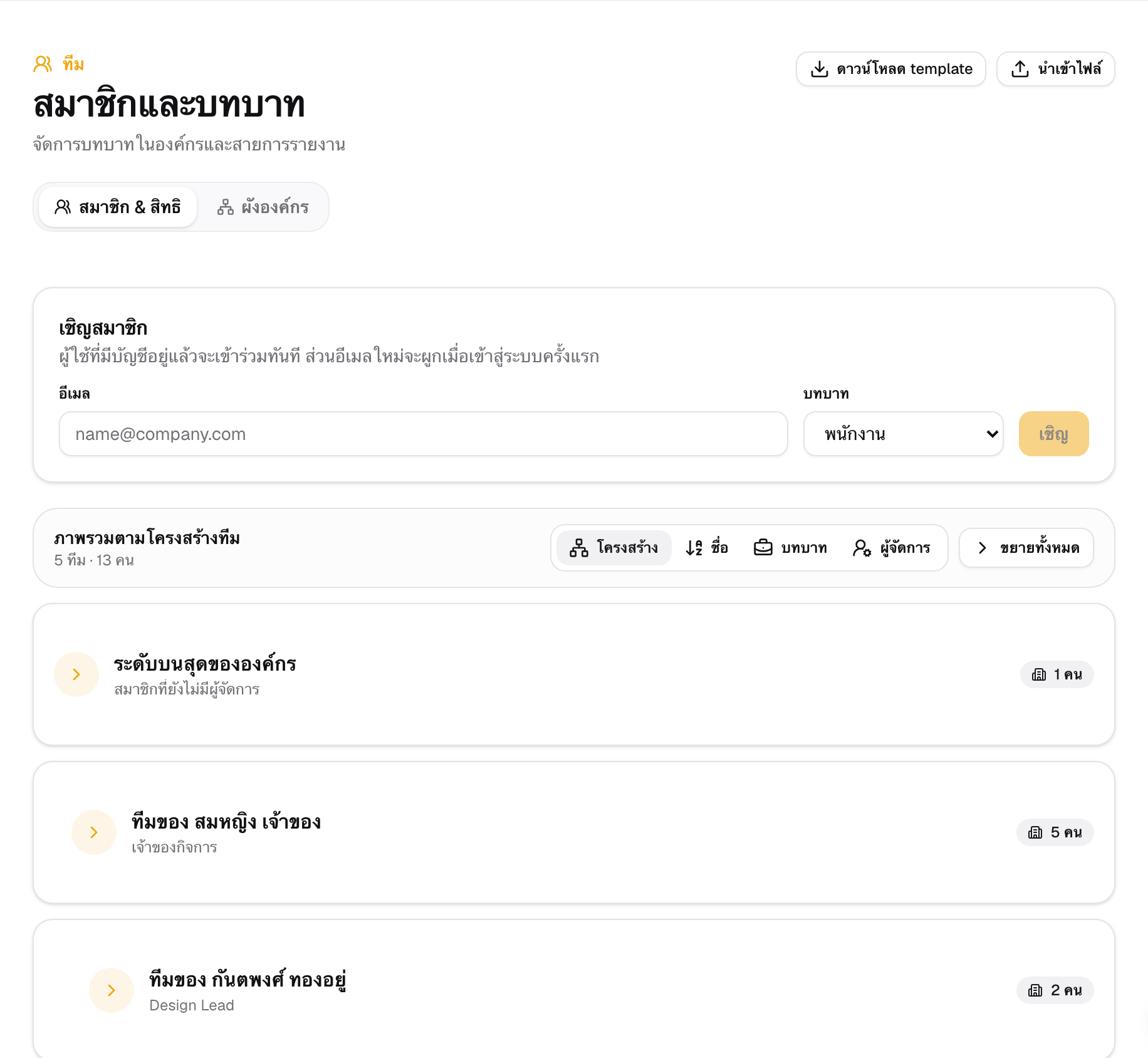 The members and roles page — invite people into the workspace and see the whole organisation's team structure at a glance